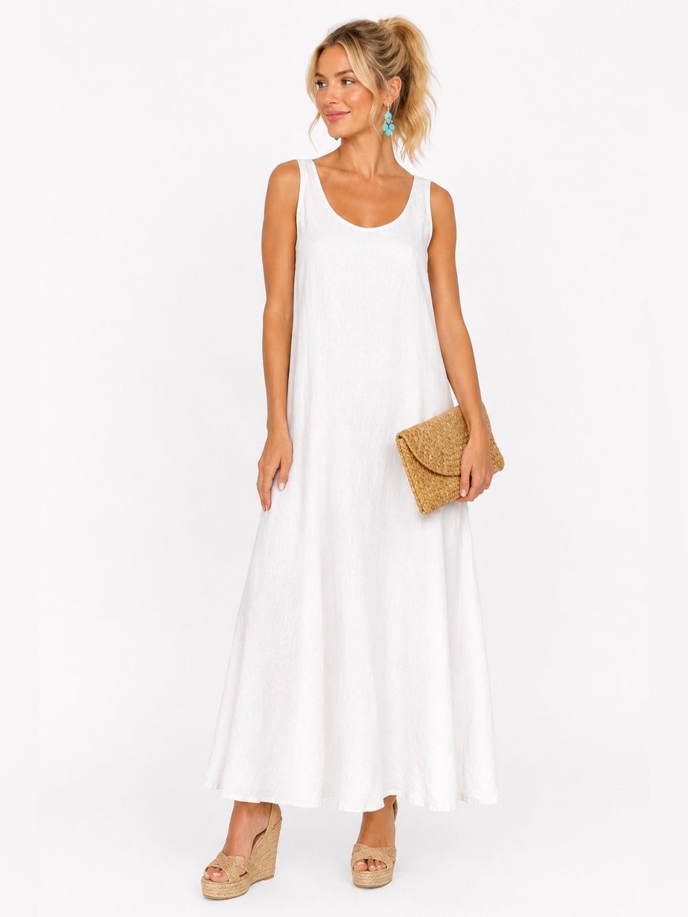 Lennie for Nina Leonard White Linen Blend Tie-Back Midi Dress | Size 10